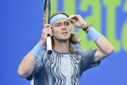 Andrey Rublev of Russia is seen in action against Stefanos Tsitsipas of Greece during their men's singles quarter final match at the ATP Qatar Exxonmobil Open 2026 tennis tournament at the Khalifa International Tennis Complex. Andrey Rublev won against Stefanos Tsitsipas 6-3,7-6.  