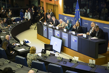 General view of the conference panel at the European Parliament. Maryam Rajavi, President-elect of the National Council of Resistance of Iran (NCRI), addressed the European Parliament in Strasbourg. In her speech, she emphasized that the only viable path to peace and stability in Iran and the region is regime change by the Iranian people and their organized Resistance. She urged the EU to recognize the Iranian people’s right to overthrow the regime, designate the IRGC as a terrorist entity, and end the policy of appeasement toward Tehran.