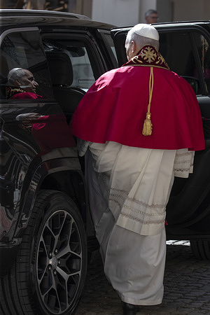 Pope Leo XIV leaves at the end of his official visit to Italian President Sergio Mattarella at the Quirinale Palace in Rome