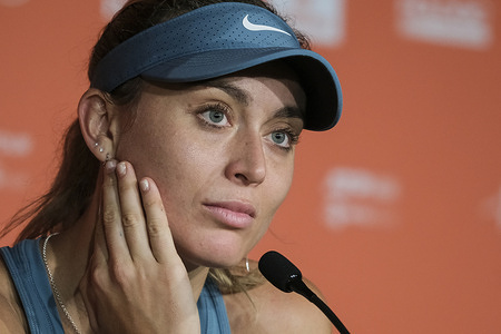 Paula Badosa of Spain seen during a press conference on day six of the Mutua Madrid Open at La Caja Magica in Madrid.