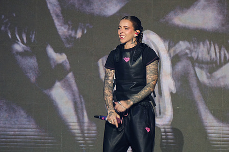 Puerto Rican singer and songwriter Young Miko performs during her concert at the Movistar Arena in Madrid.