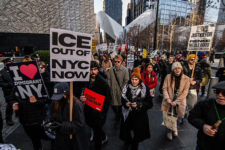 Protesters rally with placards outside One World Trade Center during the demonstration against the killing of Renee Nicole Good by an ICE agent. The demonstration occurred as DHS Secretary Kristi Noem held a press conference inside the building where she addressed the recent killing of Renee Nicole Good by ICE agents in Minneapolis. The killing of Renee Nicole Good in Minneapolis, MN, on January 7 by an ICE agent has sparked mass protests across the country, fueled by demands for justice for Renee Good and accountability for the agent involved.
