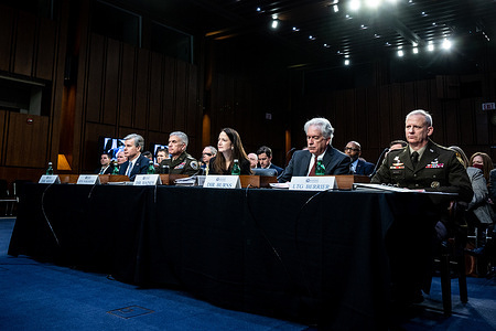 Christopher Wray, Director of the Federal Bureau of Investigation (FBI), General Paul Nakasone, Director of the National Security Agency (NSA), Avril Haines, Director of National Intelligence (DNI), William Burns, Director of the Central Intelligence Agency (CIA), and Lieutenant General Scott Berrier, Director, Defense Intelligence Agency (DIA) at a hearing of the Senate Intelligence Committee at the U.S. Capitol.