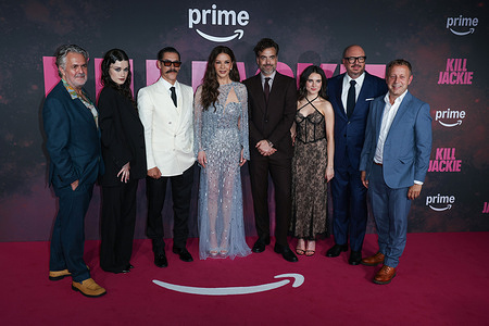 Tom Butterworth, Hattie Hook, Oscar Jaenada, Catherine Zeta-Jones, Daniel Ings, Darci Shaw, Peter Lawson and Damon Thomas seen attending the global premiere of "Kill Jackie" at the Curzon Bloomsbury in London
