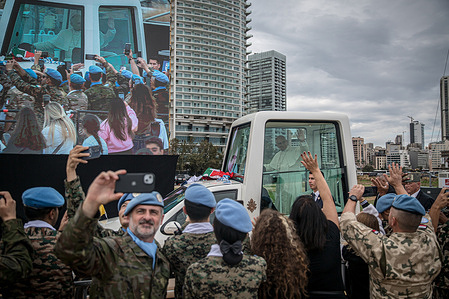 UNIFIL peacekeepers wave at Pope Leo XIV ahead of a waterfront mass which was attended by thousands of people. Pope Leo XIV visited Lebanon during the second leg of his first foreign trip since becoming the leader of the Catholic Church.