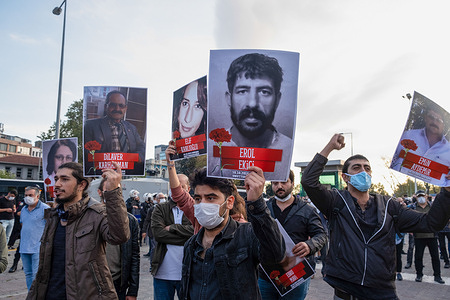 People holding photos of the bomb attack victims during the anniversary.
Commemoration of the 103 people who lost their lives as a result of two suicide bomb attacks in Ankara 5 years ago by simultaneously two ISIS affiliates. According to official sources, 391 people were injured.