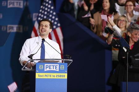 South Bend, Indiana Mayor Pete Buttigieg seen speaking during the campaign event after he announced that he's running for presidency of the United States in the 2020 election at Studebaker Building 84.