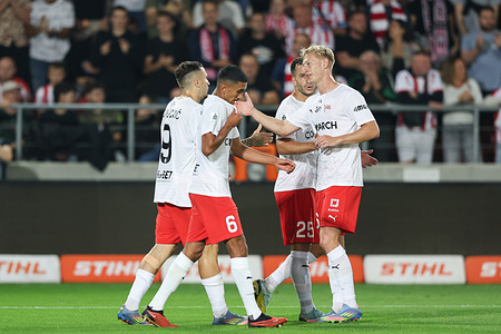 Players of Cracovia Krakow celebrate after scoring a goal during Polish League PKO BP Ekstraklasa 2025/2026 football match between Cracovia Krakow and Legia Warszawa at Cracovia Stadium. Final score; Cracovia Krakow 2:1 Legia Warszawa.