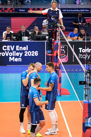 Slovenia players seen celebrating during the Belgium Vs Slovenia Volley ball match at Quarter Final of the CEV Enel EuroVolley 2026 Men at PalaVela . Final Score; Slovenia 3:1Belgium.