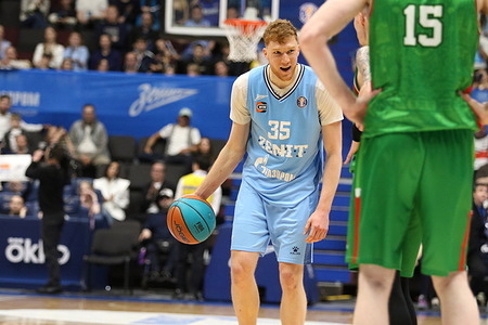 Vladislav Yemchenko (35) of Zenit in action during the VTB United League basketball match, Playoffs, 1/2 finals, third match, between Zenit Saint Petersburg and UNICS Kazan at "kck Arena". Final score; Zenit 103:74 UNICS Kazan.