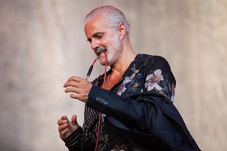 Lead singer and guitarist Ruben Block of the Belgian rock band Triggerfinger performs during the fourth day of the Vilar de Mouros Festival.