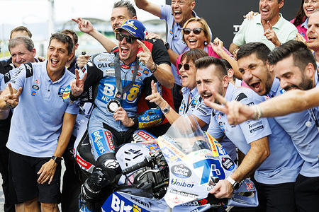 Number 73 Gresini Racing MotoGP rider Alex Marquez and his team celebrate coming second in the sprint race at the 2025 Petronas Grand Prix of Malaysia.