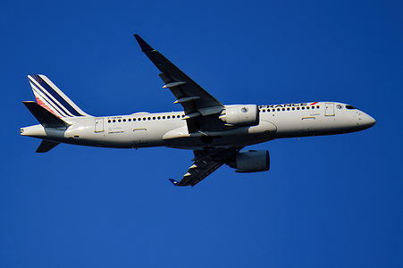 An Air France plane arrives at Marseille Provence Airport, France.