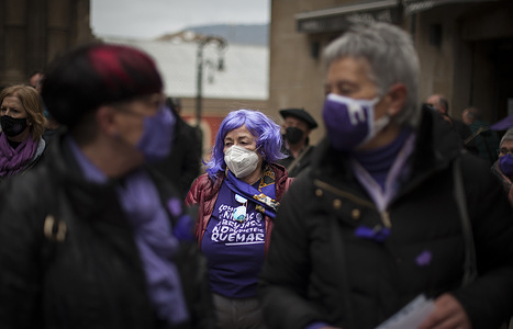 A retiree with a purple wig takes part during the demonstration.
Demonstration held in Pamplona, Spain, to claim the salaries of pensioners, a minimum of 1,080 euros per month, residences and public and dignified social services. The purple color was relates given to the celebration of International Women's Day, given that the wage gap in pensions for women is even more significant.
