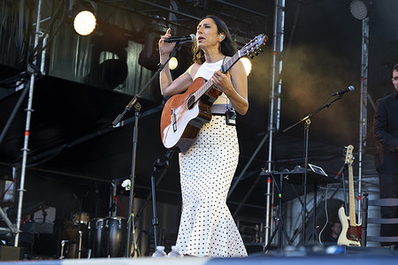Marta Robles of the flamenco group Las Migas performs live on stage during the Festival San Isidro at Plaza Mayor.