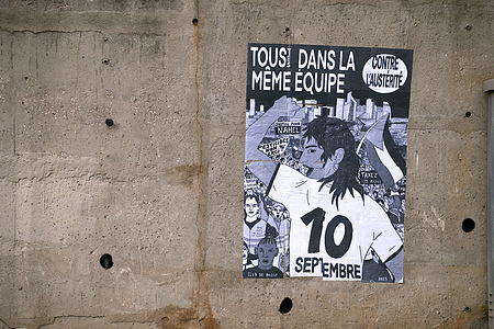 A poster calling for a blockade seen pasted on a wall in the street. In response to François Bayrou's austerity policies, the citizens' movement "Bloquons Tout" (Let's Block Everything) is calling for a nationwide shutdown in France on September 10, 2025. Left-wing parties and several unions have announced their support and plan to join the mobilization.