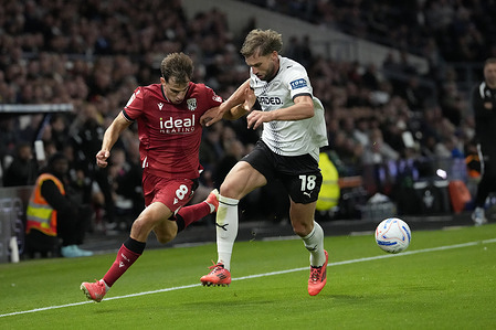 Jayson Molumby of West Bromwich Albion and Charlie Taylor of Derby County seen in action during the EFL Sky Bet Championship football match between Derby County and West Bromwich Albion at Pride Park Stadium. Final score ; Derby County 0 : 1 West Bromwich Albion
