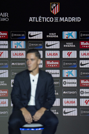Giacomo Raspadori speaks at the press conference during his unveiling as new player of Atletico de Madrid at Estadio Riyadh Air Metropolitano.