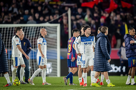 Carles Aleña (Alaves) and Pedro Gonzalez "Pedri" (FC Barcelona) seen in action during the La Liga EA Sports match between FC Barcelona and Deportivo Alaves at Spotify Camp Nou. Final Score: FC Barcelonan 3 -1 Deportivo Alaves.