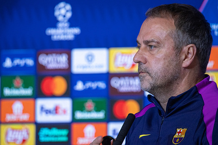Hansi Flick, FC Barcelona coach, speaks to the press on the eve of the UEFA Champions League quarter-final second leg match between Atlético de Madrid and FC Barcelona on Tuesday, April 14th at the Metropolitano Stadium in Madrid.