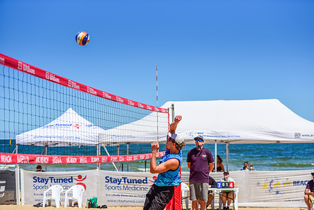 Ben Carrroll seen in action during the Men's AAA semi-final game of the Vic Open Beach Volleyball Tournament at St Kilda Beach. Ben Carroll & Klaas McIntosh won against Jack Gregory & Patrick Tang in 3 sets 21:14, 19:21, 16:14.