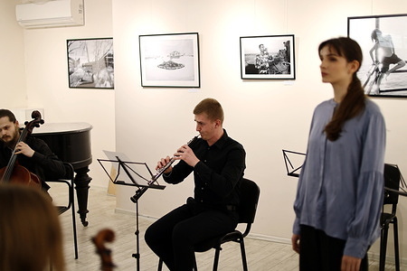 A musician student plays the trumpet during an event at the ART Odessa art gallery. Students of the Odessa National Music Academy named after A.V. Nezhdanova organized a charity concert of classical music in the ART Odessa gallery. All proceeds are planned to be directed to the needs of the Third Assault Brigade.