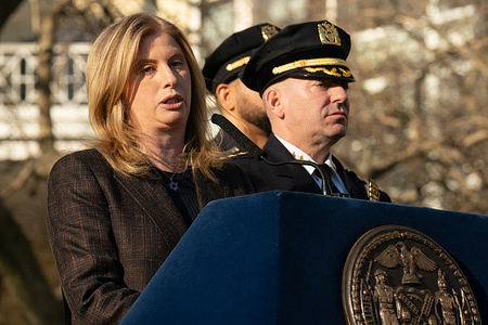 City Police Commissioner Jessica Tisch speaks at a press conference on the attempted protest bombing this weekend at Grace Mansion. The press conference comes after two improvised explosives were thrown during an “Americans Against Islamification” rally organized by far-right activist Jake Lang.