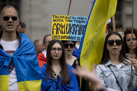 Demonstrator holds a placard supporting Ukraine in the rally. Ukrainians and their supporters continue to rally outside Downing Street and demand arms from the UK to support Ukraine in the Russia-Ukraine War that started on 24th February 2022.