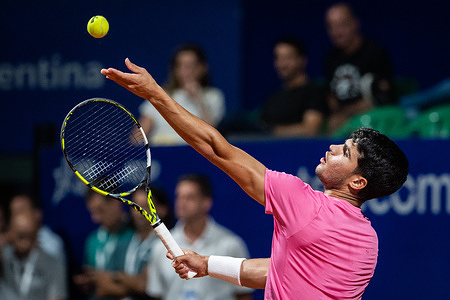 Carlos Alcaraz of Spain in action during round sixteen singles of the ATP 250 Argentina Open 2023 match against Laslo Djere of Serbia at Buenos Aires Lawn Tennis Club. Final score: Carlos Alcaraz 2:1 Laslo Djere.