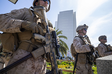 U.S Marines stand guard outside of a federal building. A federal appeals court ruled on June 12 that the Trump administration can maintain control of the California National Guard overturning a lower court ruling that U.S. President Donald Trump's deployment of troops without Governor Gavin Newsom's consent is unlawful.