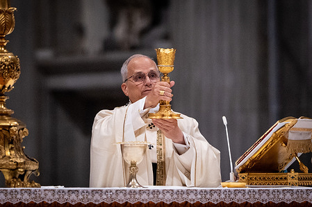Pope Leo XIV performs the rite of Consecration during the Holy Mass on the Solemnity of the Epiphany and the closing of the Ordinary Jubilee in St. Peter's Basilica in Vatican City.