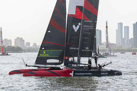 NEW YORK, NEW YORK - JUNE 22: The Team Switzerland SailGP crew celebrates after winning Fleet 2 on Day 1 of the Mubadala New York Sail Grand Prix at New York Harbor on June 22, 2024 in New York City.