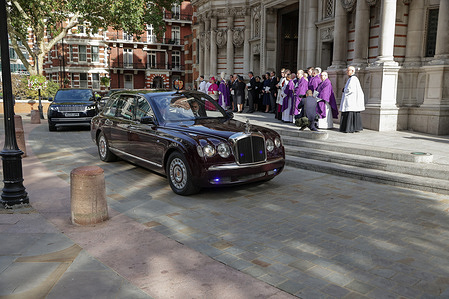 A hearse with the coffin draped in the Real flag leaves Westminster Cathedral after the Requiem Mass service for the Duchess of Kent. The Requiem Mass is held in accordance with her wishes and her Catholic faith. The Duchess passed away on 4 September 2025, at the age of 92.