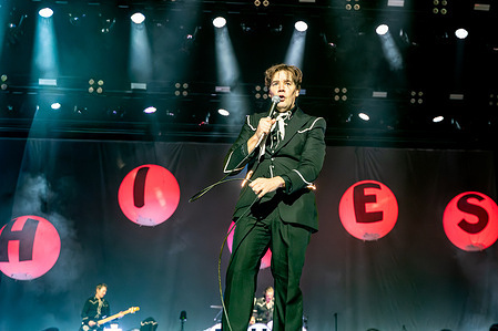 Pelle Almqvist (Per Almqvist) of The Hives seen performing on stage at Alexandra Palace. The Hives " Forever Forever The Hives" World Tour played at Alexandra Palace in London. Band Members are Vigilante Carlstroem, Pelle Almqvist, Johan Gustafsson, Christian Grahn and Nicholaus Arson