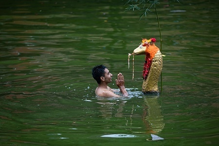 A Hindu devotee pays his respect to a statue of the Hindu snake god known as 'Nag' on the occasion of the Naga Panchami festival at Taumadi square. The main ritual is offering milk to the Nag Devta or the snake god. It is said, the ritual keeps evil away. Many observe a fast on that day. Food made with milk as a key ingredient.