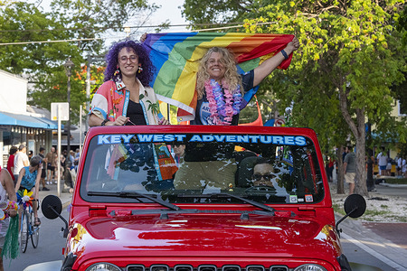Journalist Gwen Filosa's float rolls down Whitehead Street during the Key West Pride Parade, Sunday, June 7, 2026, in Key West, Fla.