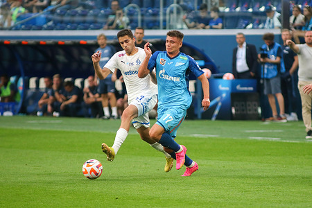Andrey Mostovoy (17) of Zenit and Arsen Zakharyan (47) of Dynamo seen during the Russian Premier League football match between Zenit Saint Petersburg and Dynamo Moscow at Gazprom Arena. Zenit 2:3 Dynamo.