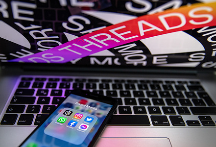 In this photo illustration, Threads, Instagram, Twitter, WhatsApp, Facebook and Messenger logos seen displayed on a smartphone screen.