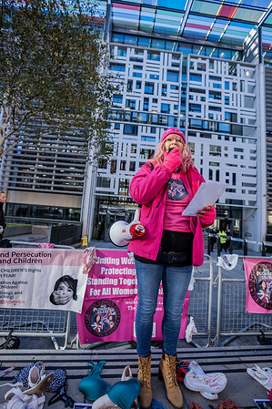 A Pink Lady seen outside the Home Office warns against the dangers posed to women by migrant men. A handful of women gathered outside the Home Office in an anti-immigration protest dubbed the Pink Protest as it was led by the so-called ‘Pink Ladies. The movement claims to be protecting women and children against violence, rape and abuse from migrants and immigration.
