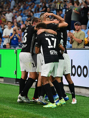 Macarthur FC celebrate during the A-League 2023/24 season round 7 match between Sydney FC and Macarthur FC held at the Allianz Stadium. Final score Macarthur FC 2:0 Sydney FC.