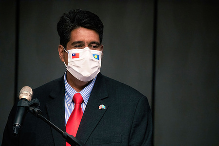 President Surangel Whipps Jr, speaks during a pre-dinner press conference in Taipei
Taiwan's Premier Su Tseng-chang receives President Surangel Whipps Jr. and his delegation at a pre-dinner press conference in Taipei. Palau President Surangel Whipps Jr. arrived in Taiwan Sunday to initiate a Palau-Taiwan "travel bubble" between two ‘Covid-safe’ destinations.