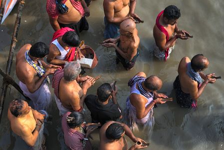 Hindu devotees offer their prayers to their ancestors as guided by the Priest during the Mahalaya celebration. Mahalaya is celebrated at the end of Shradh or Pitru Paksha, a 16-day period when Hindus pay homage to their ancestors.