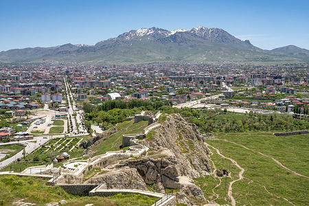 A landscape view of the predominantly Kurdish city in the Eastern region located on the shores of Lake Van and near the border with Iran seen from the ancient castle fortifications.