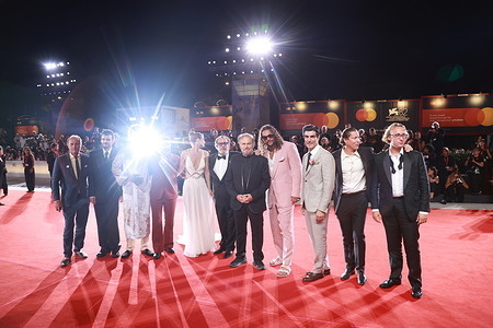 Francesco Melzi d’Eril, Duke Nicholson , Benjamin Clementine, Oscar Isaac, Louise Kugelberg, Julian Schanbel, Franco Nero, Jason Momoa, Louis Cancelmi, Vito Schnabel and Olmo Schnabel attend the red carpet of the film “In the hand of Dante” at the 82nd Venice Film Festival at Palazzo del cinema.