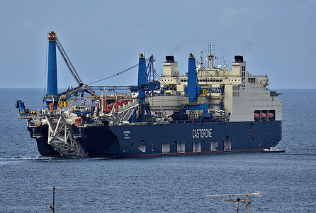 The Pipe Laying Vessel (PLV) Castorone leaves the French Mediterranean port of Marseille.