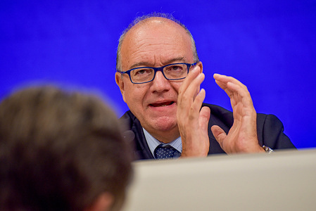 Minister of Education and Merit and Lega politician Giuseppe Valditara speaks at the Council of Ministers press conference following the approval of a decree containing measures limiting the presence of foreign students in classes, the ban on the burqa in schools, and the possible removal of minors from their family if parents do not study Italian, at Palazzo Chigi.