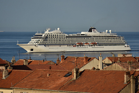 View of the passenger cruise ship Viking Mira as it arrives at the French Mediterranean port.