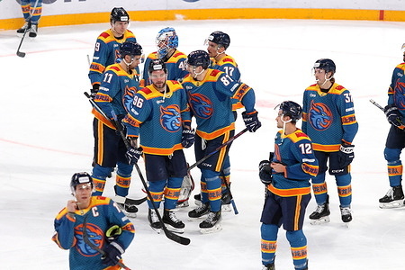 Vladislav Valentsov (9), Patrik Rybar (42), Nikita Popugayev (81), Borna Rendulic (17), Alexander Burmistrov (96), Kevin LaBanc (12) and Nate Sucese (37) of Shanghai Dragons Hockey Club seen in action during the Hockey match, Kontinental Hockey League 2025/2026 between Shanghai Dragons China and Spartak Moscow at the SKA Arena. (Final score; Shanghai Dragons 1:3 Spartak Moscow).