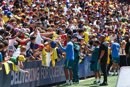 Brazilian star Gabriel Magalhaes engages with the fans at the team's final training public training session in Brisbane prior to departing to India for their final match in the international window. Brazil won their recent game versus the Australian Socceroos 4-2 at Suncorp Stadium.