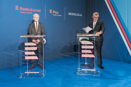 Presidential candidates Petr Pavel (L) and Andrej Babis (R) seen before the last radio debate ahead of the second round of Czech presidential elections. The second round of presidential elections in the Czech Republic will be held on the 27th and 28th of January, 2023. Former military general Petr Pavel faces the former Czech prime minister, chairman of political movement ANO and billionaire Andrej Babis.